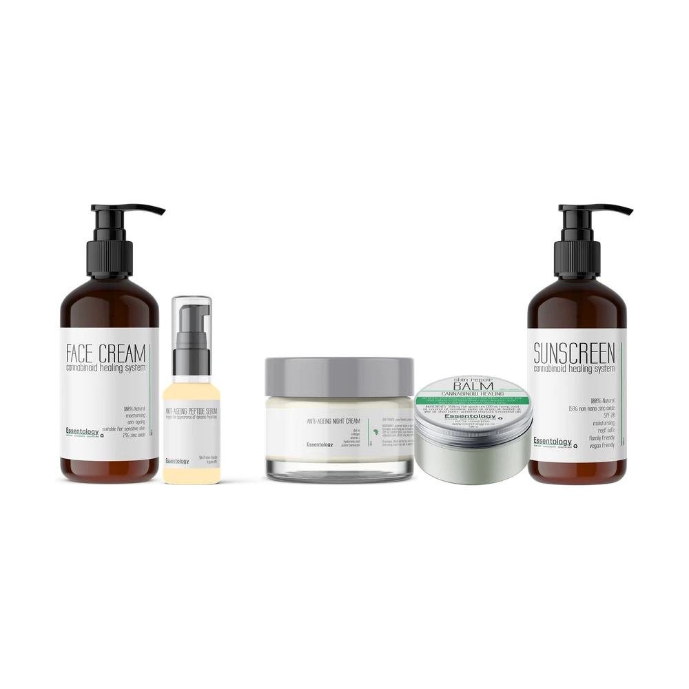 The five Essentology skincare products: face cream, serum, night cream, balm and sunscreen